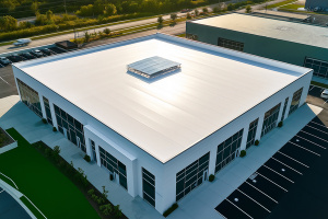 Aerial view of a newly constructed commercial building featuring a white tpo roof, skylight, and ample parking, bathed in the warm glow of sunset