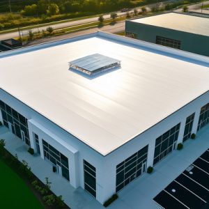 Aerial view of a newly constructed commercial building featuring a white tpo roof, skylight, and ample parking, bathed in the warm glow of sunset