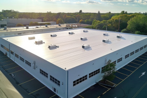 Seamless white PVC commercial flat roof of factory, summer day. Aerial high view. Generative AI.