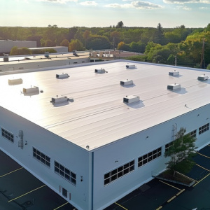 Seamless white PVC commercial flat roof of factory, summer day. Aerial high view. Generative AI.